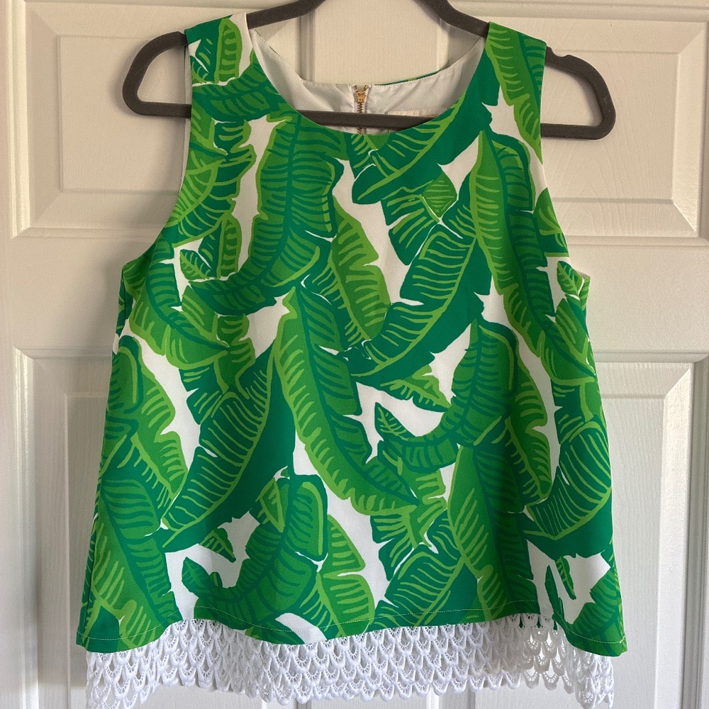 Sail to Sable palm print shell top with tassel trim S